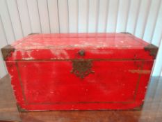 A 19th century painted oriental style chest with metal mounts