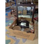 A box of Edwardian framed mirror, antique scales, Deco mantel clock,