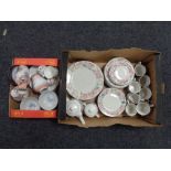 Two boxes of oriental style vases and bowls, floral dinner ware,