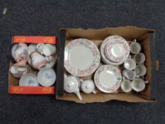 Two boxes of oriental style vases and bowls, floral dinner ware,