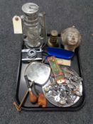 A tray of crested tea spoons, Olympus trip 35mm camera, mid century rosewood hand mirror,