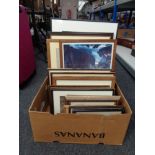 A box of assorted framed pictures and prints including Fred Slocombe engraving etc