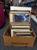 A box of assorted framed pictures and prints including Fred Slocombe engraving etc