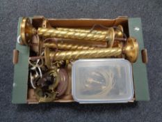 A box of brass twist column lamps, lamp fittings,