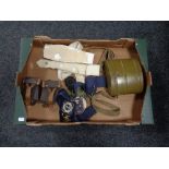 A box of military items, pocket compass, food canteen,