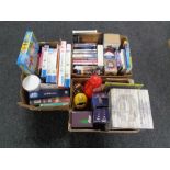 Three boxes of DVD's, board games, Russian dolls,
