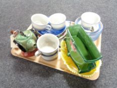 A tray of china, Beswick Sairey Gamp tea pot, Royal Copenhagen calendar plate, Finish tea china,