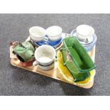 A tray of china, Beswick Sairey Gamp tea pot, Royal Copenhagen calendar plate, Finish tea china,