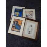 An Edwardian oak framed print together with a further three framed sheet music books in mounts