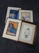 An Edwardian oak framed print together with a further three framed sheet music books in mounts