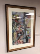 Twentieth century school : Hong Kong street scene, colour chalks, 57 cm x 36 cm, framed.