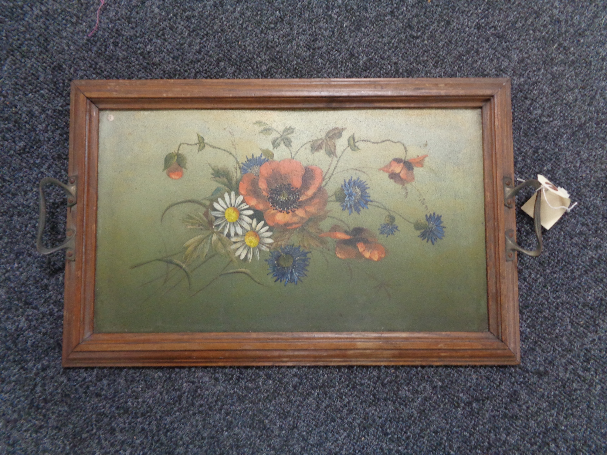 A wood framed twin handled serving tray hand painted with flowers