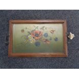 A wood framed twin handled serving tray hand painted with flowers