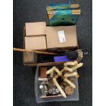 Two boxes of boxed glasses, pub trays, pair of five ware table candelabra, trinket box,