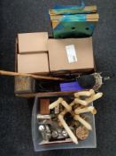 Two boxes of boxed glasses, pub trays, pair of five ware table candelabra, trinket box,