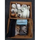 Two boxes of Noritake vases, hunting scene tea china, retro radio,