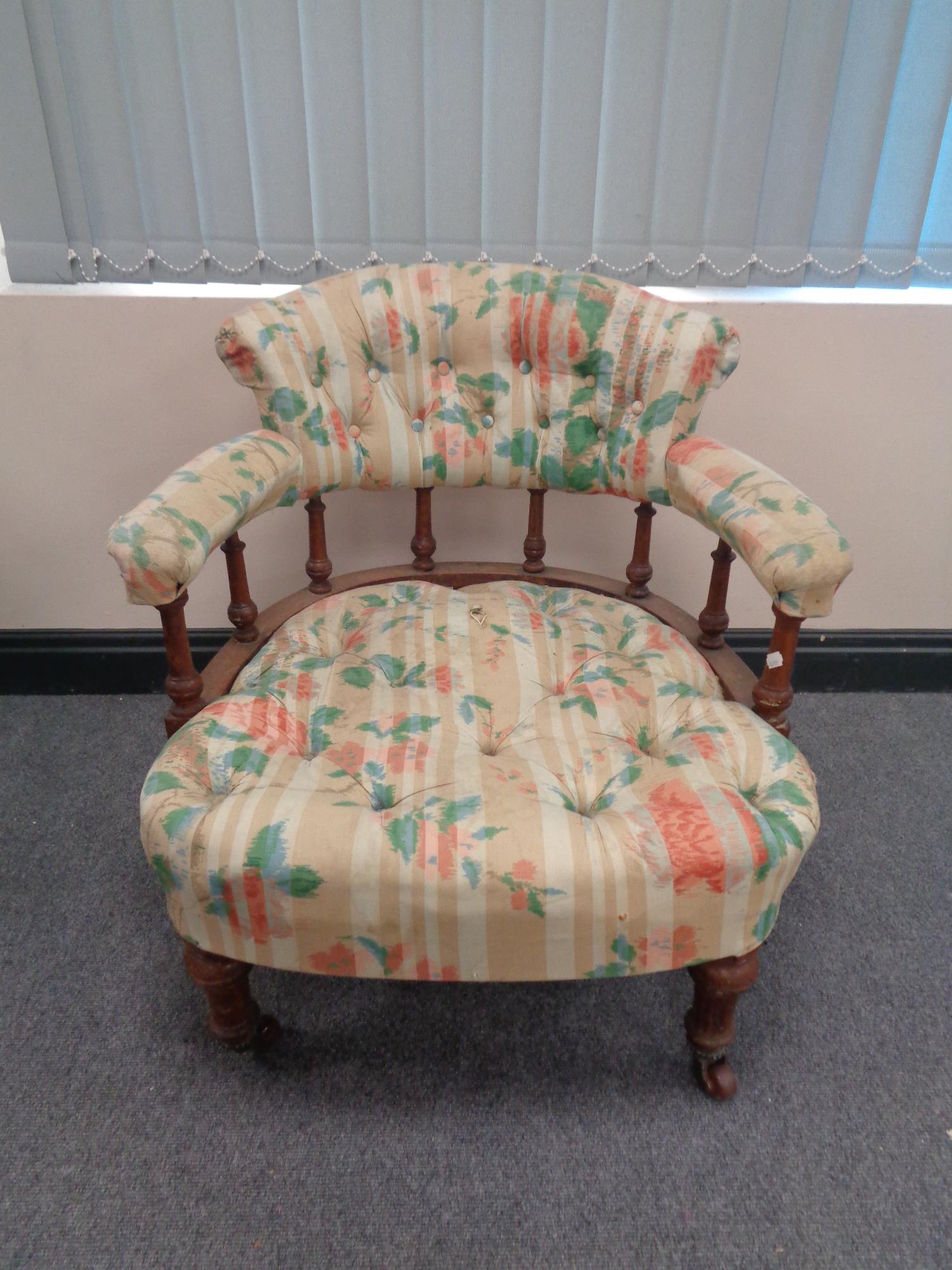 An oak bedroom chair in button back fabric