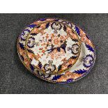 Eight antique Imari patterned plates together with matching meat plate