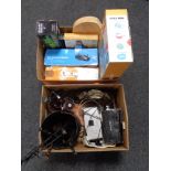 Two boxes of fishing reels, coal bucket and companion set,