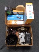 Two boxes of fishing reels, coal bucket and companion set,