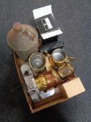 A box of meat slicer, vintage flagon, copper and brass planters, teapots,