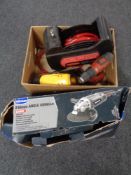 A box of 230mm angle grinder, Hilti drill, Dewalt heat gun,