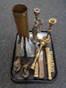 A tray of metal ware - brass candlesticks, ammunition shell, hunting knives,