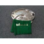 Three silver plated serving trays together with a small quantity of plated cutlery