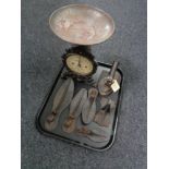 A tray containing cast flat iron, cobbler's last, vintage household No.