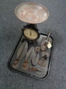 A tray containing cast flat iron, cobbler's last, vintage household No.