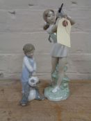 A Lladro figure number 6974 - boy with soft toy together with a Nao figure of a golfer