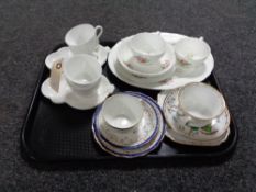 A tray of antique and later tea china, Royal Crown Derby china trios,