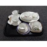 A tray of antique and later tea china, Royal Crown Derby china trios,