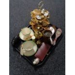 A tray of Smiths pocket watch, lighter, compact, oil can, cased manicure set,