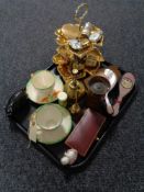 A tray of Smiths pocket watch, lighter, compact, oil can, cased manicure set,