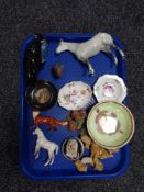 A tray of Wade whimsies, Beswick Kitty Mcbride figure, further Beswick figures (a/f), Poole dolphin,