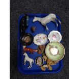 A tray of Wade whimsies, Beswick Kitty Mcbride figure, further Beswick figures (a/f), Poole dolphin,