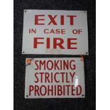Two enamel signs - Exit in case of Fire and Smoking prohibited