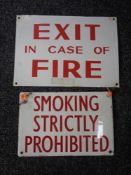 Two enamel signs - Exit in case of Fire and Smoking prohibited