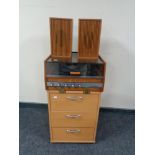 A twentieth century teak cased Van Der Molen turntable with speakers on beech three drawer chest