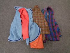 A box of mid century house coat together with two woolen capes