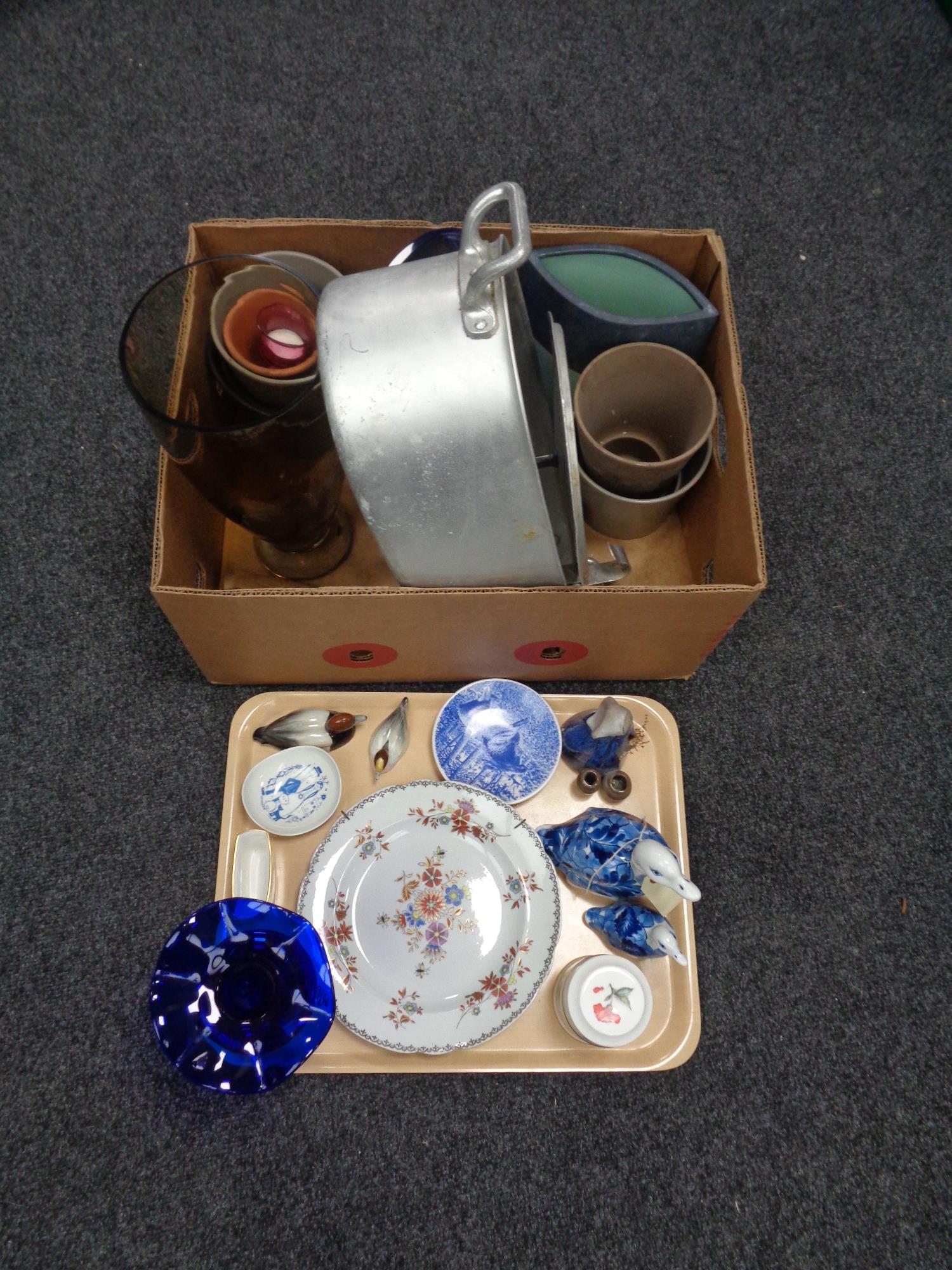 A box of stainless steel fish kettle, studio glass vases,