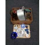 A box of stainless steel fish kettle, studio glass vases,