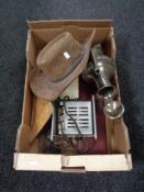 A box of vintage toaster, leather hat,