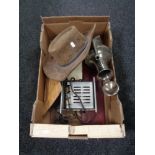 A box of vintage toaster, leather hat,