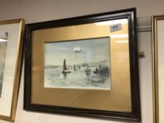 J Mclaren : Boats off a quay, watercolour, signed, dated 1907, 18 cm x 25 cm, framed.