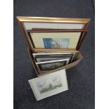 A box of assorted framed pictures and prints,