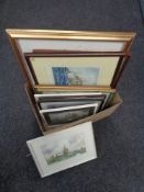 A box of assorted framed pictures and prints,