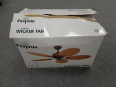 A boxed Fantazia 122 cm wicker ceiling fan