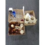 Two boxes of assorted glass ware, contemporary vases, dinner ware,